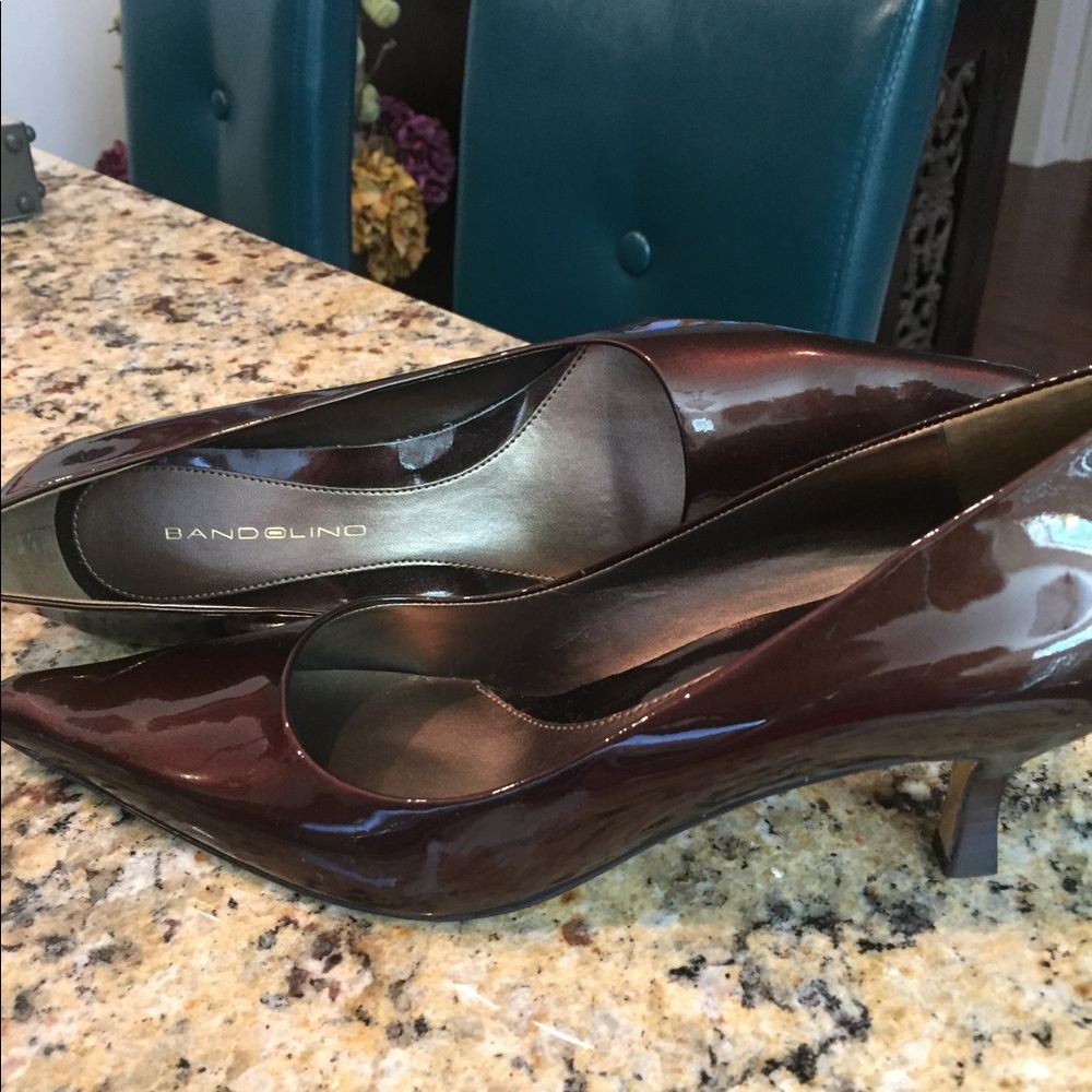 Chocolate brown, patent leather, mid sized heel